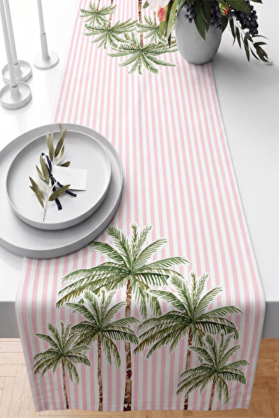 Realhomes Palm Tree Figured Pink and White Striped 40X140Cm Digital Printed R...