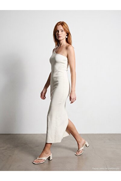 Dilvin 90270 Accessory Detailed Midi Knitwear Dress-Ecru