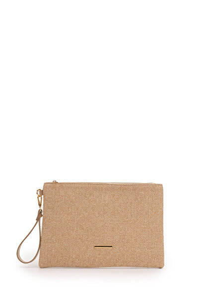 minebag Wrist Strap Metal Detailed Clutch Women's Bag Madame Straw Beige