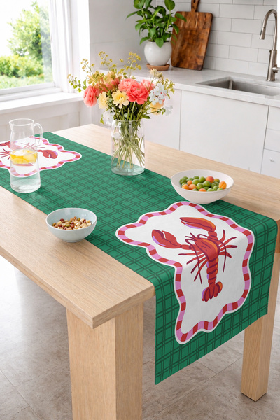 Realhomes Lobster Figured Green Plaid Patterned 40X140Cm Digital Printed Runn...