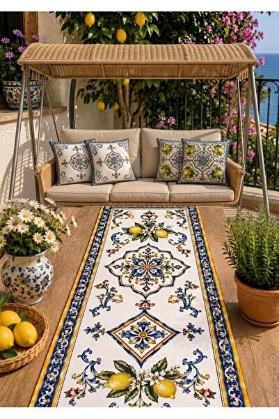 Home Mediterranean Wind Lemon Patterned Luxury Throw Pillow and Runner Set (4...
