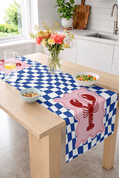 Realhomes Lobster Figured Blue and White Checkered Patterned 40X140Cm Digital...