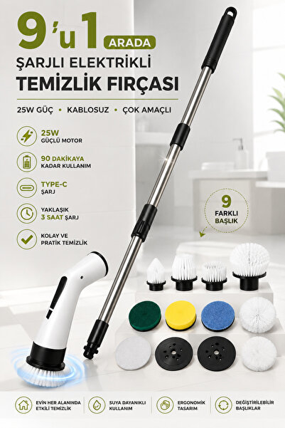 MAKRİ HOME 9'u 1 Arada Şarjlı Elektrikli Döner Temizlik Fırçası 25W, 104 cm U...