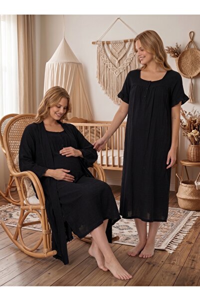 Yulem Homewear Black Muslin Fabric Soft Textured Cotton Maternity Dressing Go...