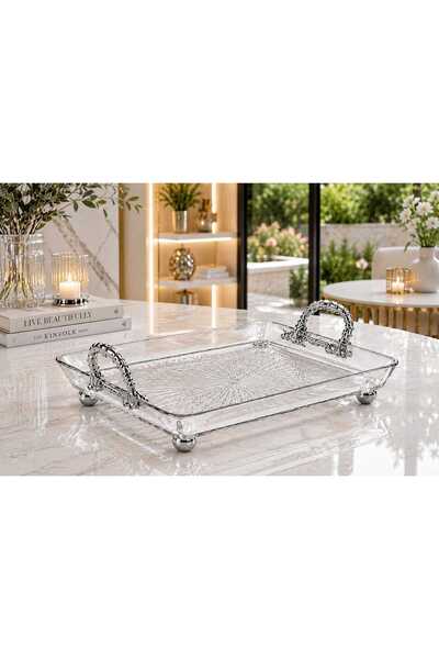 Buldem Square Glass Presentation Decorative Serving Tray with Silver Feet and...