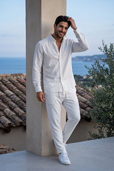 modaberry Men's White Pera Linen Shirt and Pants Set - Relaxed Fit Two-Piece ...