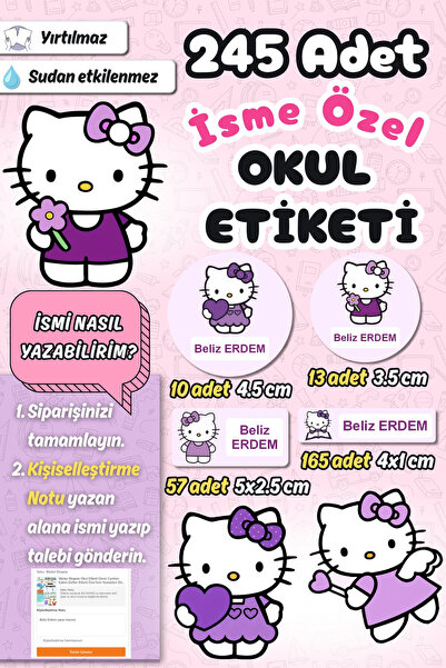 Sticker Ekspres Okul Etiketi Lila Hello Kitty Kalem Defter Etiketi Özel İsim ...