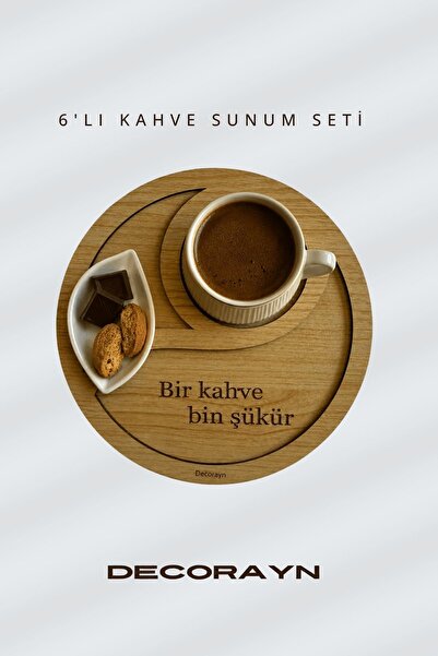 Decorayn 6’lı Ahşap Kahve Sunum Seti Yuvarlak Türk Kahvesi Sunum Tepsisi Serv...