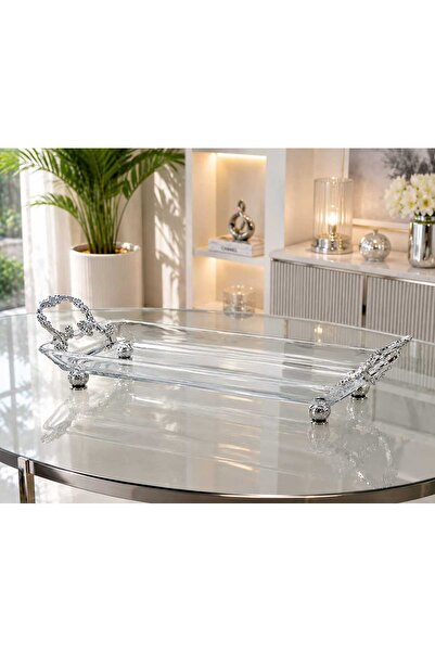 Buldem Glass Presentation Tray with Silver Feet and Handles, Stylish Decorati...