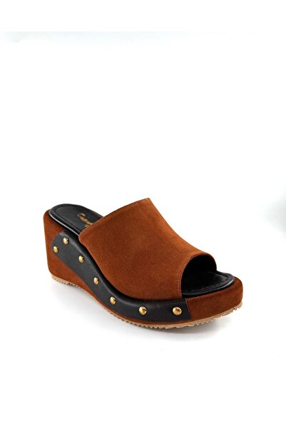 Desire Genuine Suede Leather Wedge Heeled Tan Slippers