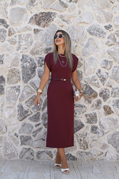 bytugcekaya Bordo Düz Kesim İnce Kemerli Elbise