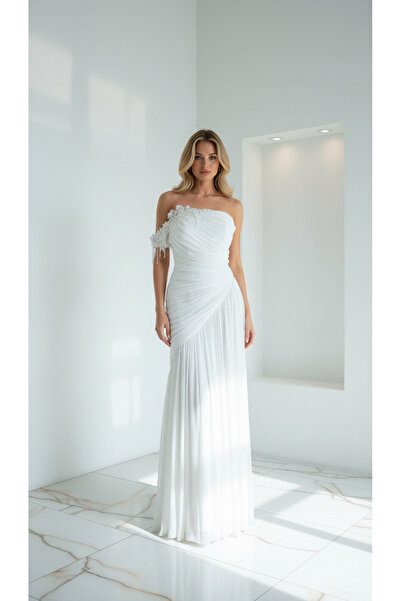 holie dress DRAPELİ OMUZ TAŞ İŞLEMELİ UZUN ABİYE ELBİSE