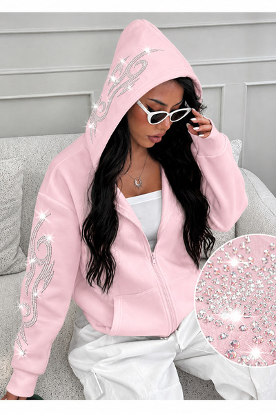 MOONBULL Kadın Kolları ve Kapüşonu Tribal Desen Taş Baskılı Fermuarlı Sweatshirt