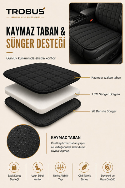 TROBUS Renault Megane 4 2016+ Kare Desen Soft Alcantara 7'li Oto Koltuk Minderi Siyah