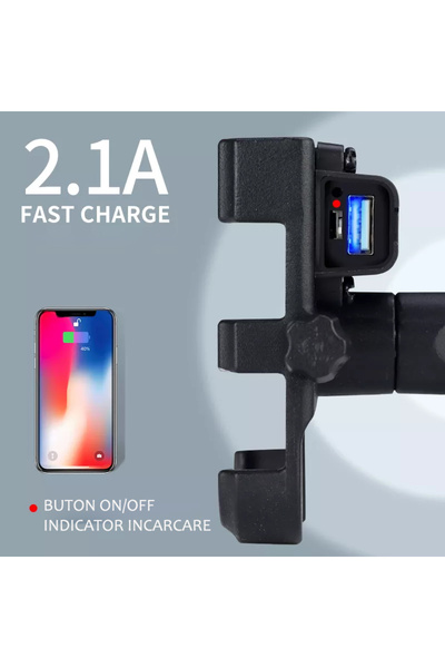 Pes Holding Suport telefon pentru moto/ATV din aluminiu, cu încărcător USB 2.1A, prindere pe oglindă