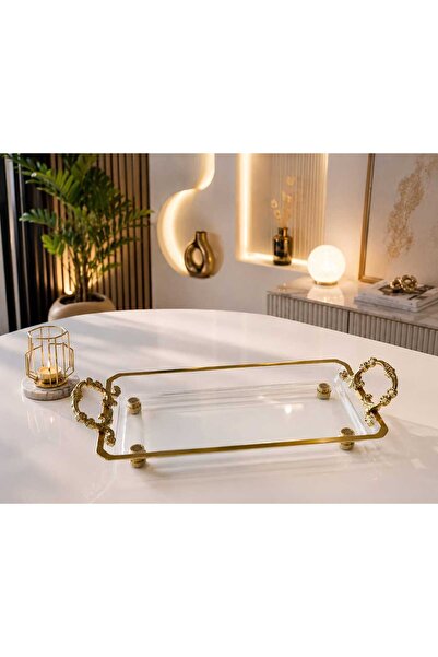 Buldem 1 Piece Gold Detailed Glass Presentation Tray with Feet and Handles St...