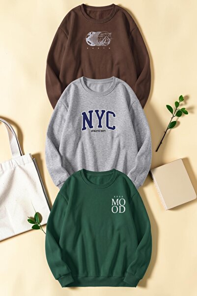 uyguntarz Unisex Mixed Printed Crew Neck Sweatshirt Set – Pack of 3