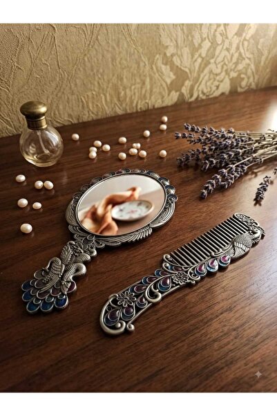 Hureggo Vintage Hand Mirror and Comb Set with Peacock Figure - Stoned Metal G...