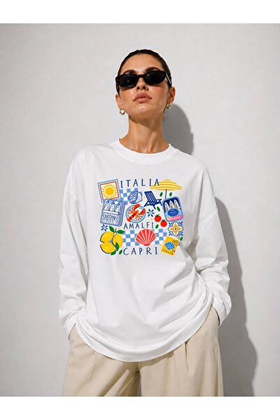 Hira Online Beyaz Summer Baskılı Tesettüre Uygun Uzun Kollu T-Shirt
