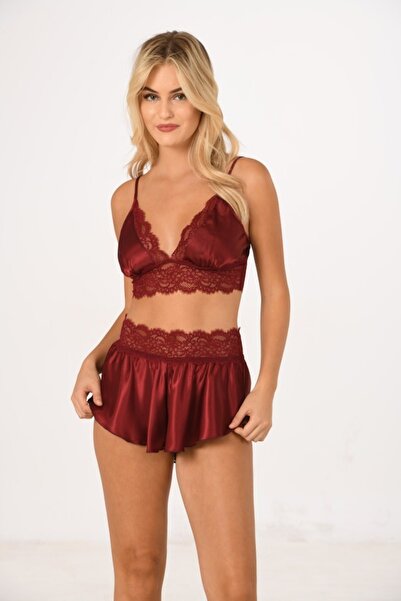 LOTUS ÇİÇEĞİ Kadın Dantel Detaylı Saten Şortlu Pijama Takımı – Bordo