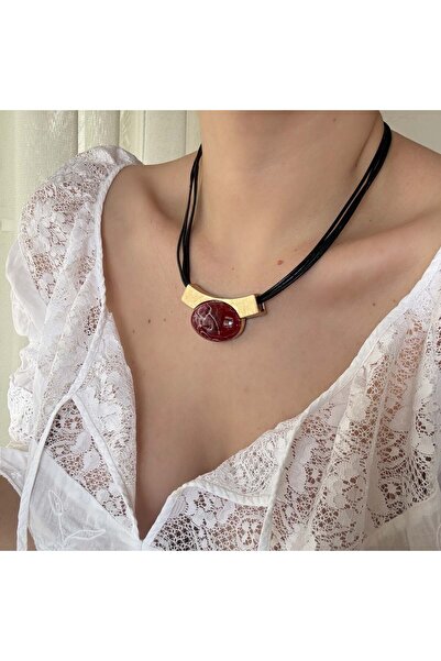 Alice İsstanbul Leather Cord Burgundy Stone Ethnic Necklace