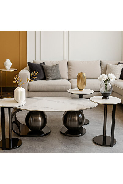 GLAMOURE HOME طقم طاولات قهوة وضيافة مودرن بتصميم متداخل وقواعد كروية (4 قطع).