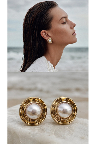 ADENNA JEWELRY Gold Çerçeveli İnci Detaylı Yuvarlak Form Küpe