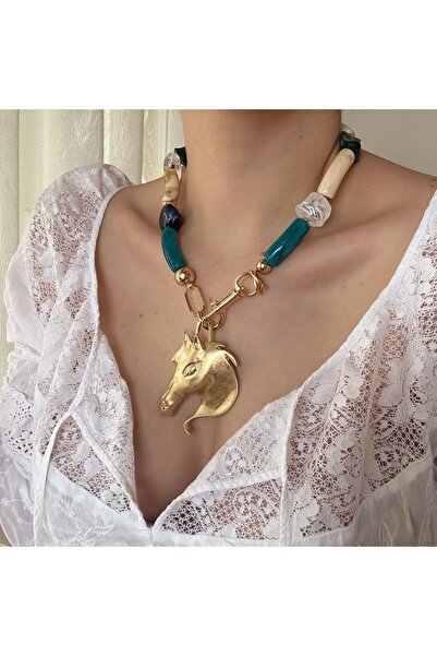 Alice İsstanbul Front Closure Turquoise Beaded Matte Horse Necklace