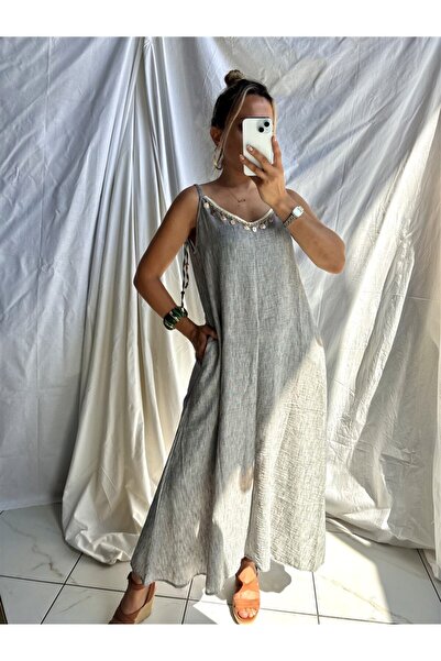 Gözde Tasarım Butik Women's 100% Linen Maxi Length Mussel Shell Rope Strap Dress