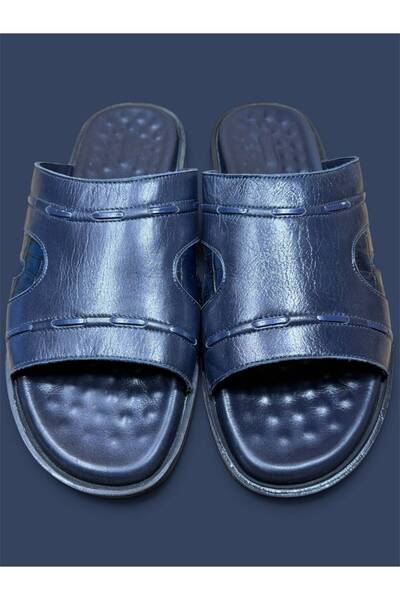 SHOP MALL Genuine Leather Handmade Navy Blue Men's Slippers