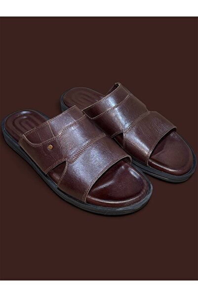 SHOP MALL Genuine Leather Handmade Brown Men's Slippers