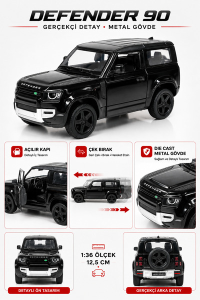 YILDIRIM OYUNCAK Die Cast Land Rover Defender 90 Model Araba 12,5cm – 1:36 Ölçek Metal Gövdeli Açılır Kapılı Çek Bırak Araba
