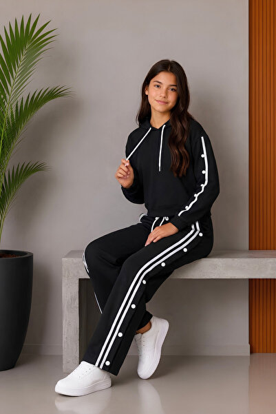MODANINO Girl's Snap Fastener+Hooded+Double Face Fabric Top and Bottom Set 5-...