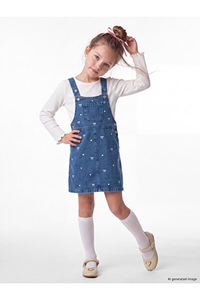 LC Waikiki Bow Patterned Girl's Jean Salopet Dress