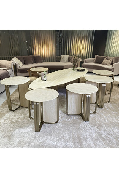 GLAMOURE HOME طقم طاولات قهوة وضيافة مودرن بتصميم متداخل وقواعد مكسوة بالخشب/الترفاتين