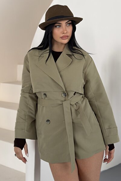 moda armanc Γυναικεία λινή καμπαρντίνα με ζώνη, διπλό κουμπωτό κλείσιμο, με ε...