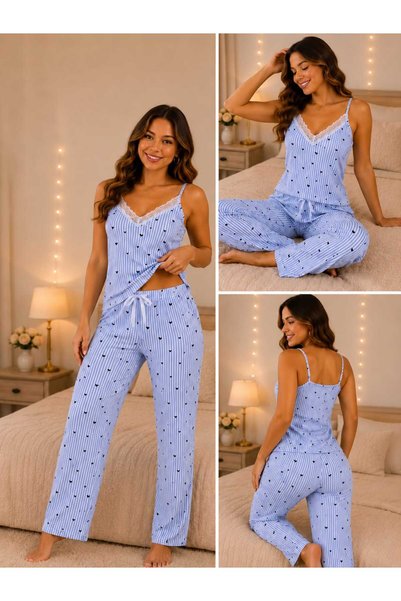 ATLAS LIFE Bambu Kalp Desenli Askılı Pijama Takımı