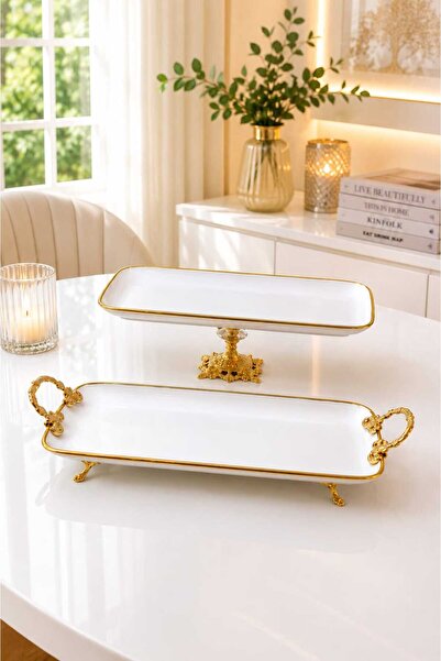 Buldem 2’li Gold Kulplu Ayaklı Porselen Sunum Tabağı Şık Servis ve İkramlık Set