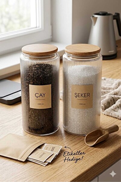 2’li 1500 ML Ahşap Kapaklı Çizgili Cam Kavanoz Seti – Şık ve Modern Erzak Saklama Kavanozu