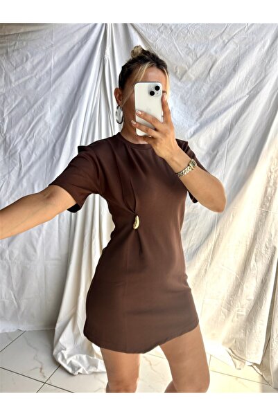 Gözde Tasarım Butik Women's Brown Crew Neck Short Sleeve Super Mini Brooch Dress