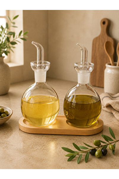 Pembelia Life Bambu Standlı 2’li 850 ml Berosilikat Cam Damlatmaz Yağdanlık Seti Ayçiçek Yağı Zeytinyağ Şişesi 3 Parça Yağlık Set