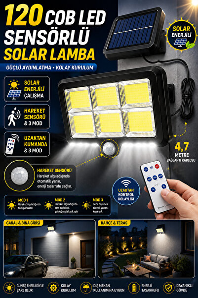 Hane Dostu 120 COB LED Solar Sensörlü Duvar Lambası 3 Modlu Kumandalı 4,7 Met...