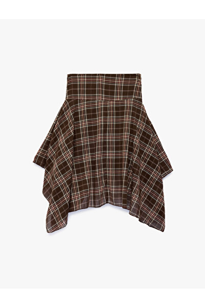 Koton Asymmetrical Cut Cotton Below-Knee Plaid Skirt