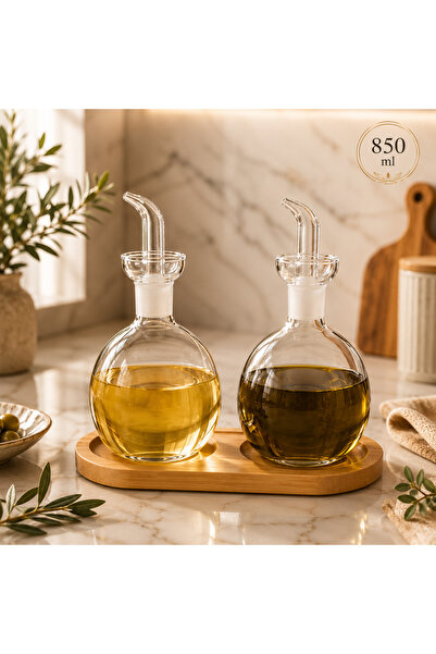 Kitchen Pembelia Bambu Standlı 2’li 850 ml Berosilikat Cam Damlatmaz Yağdanlık Seti Ayçiçek Yağı Zeytinyağ Şişesi 3 Parça Yağlık Set