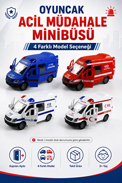 ALL FAST 1:32 Sürtmeli Oyuncak Acil Müdahale Minibüsü Kapıları Açılan Ambulan...