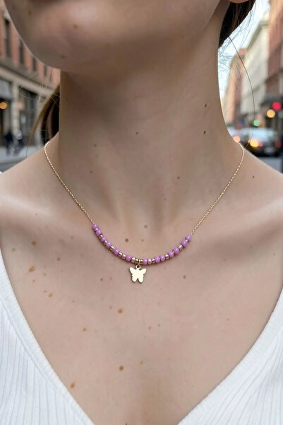 PRVT Gold Color Butterfly Figured Bead Necklace