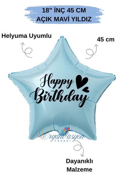 Organizasyon Pazarı 18 Inch Blue Star Foil Balloon |   Happy Birthday Heart P...
