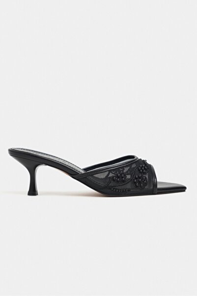 NİŞANTAŞI SHOES Anka Black Mesh Bead Detailed Pointed Toe Women's Heeled Slip...