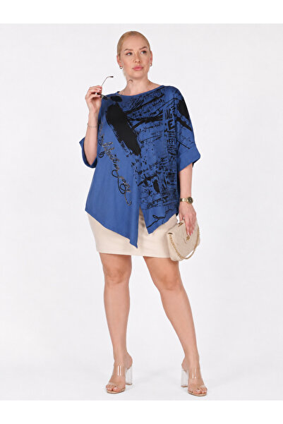 LA VELINA Plus Size Stone Embellished Asymmetrical Cut Graphic Patterned Loos...