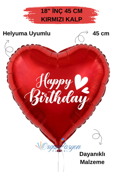 Organizasyon Pazarı 18 Inch Red Heart Foil Balloon |   Happy Birthday Heart P...